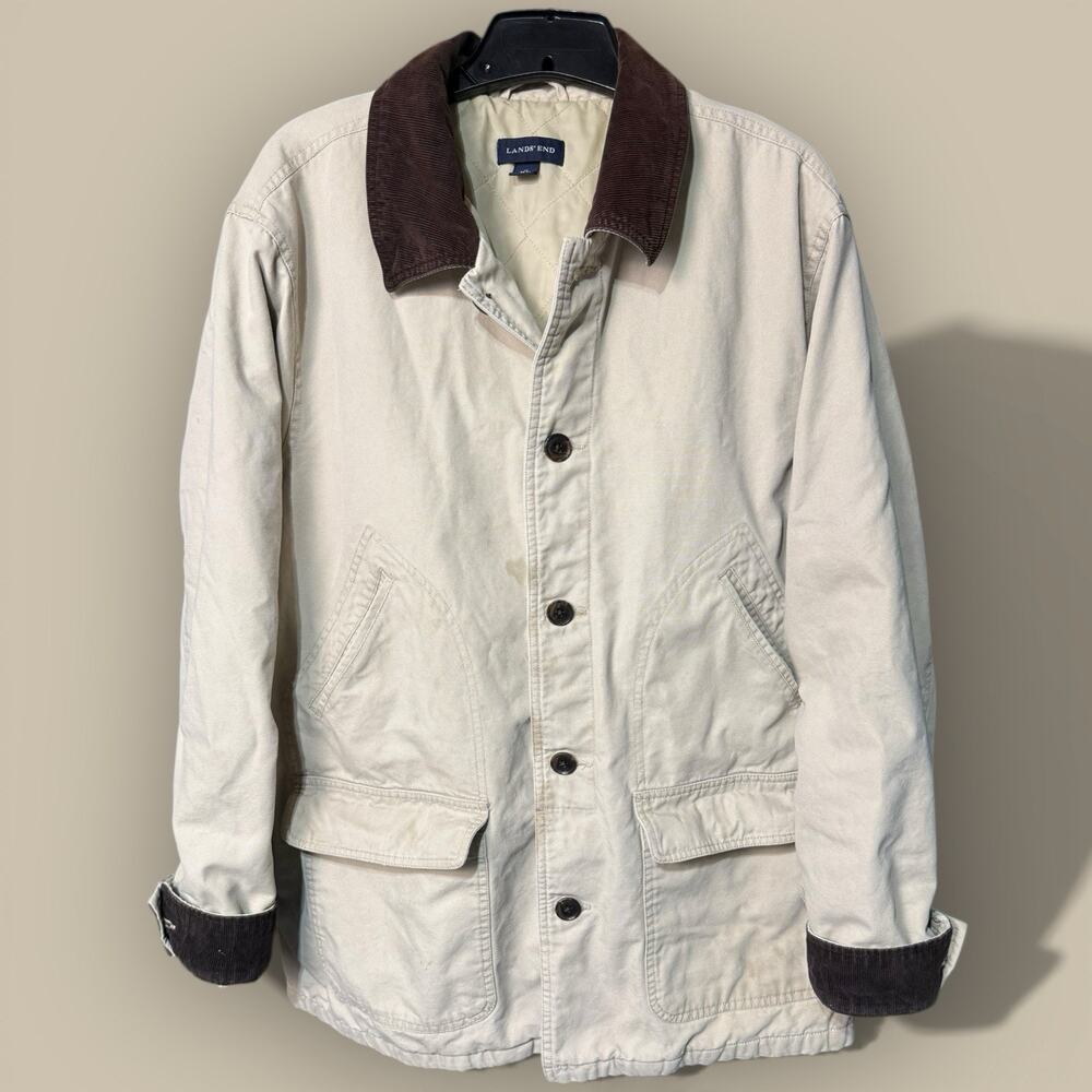 Vtg Tan Canvas Barn Chore Coat Jacket Mens XL Brown Corduroy Outdoors Lands End